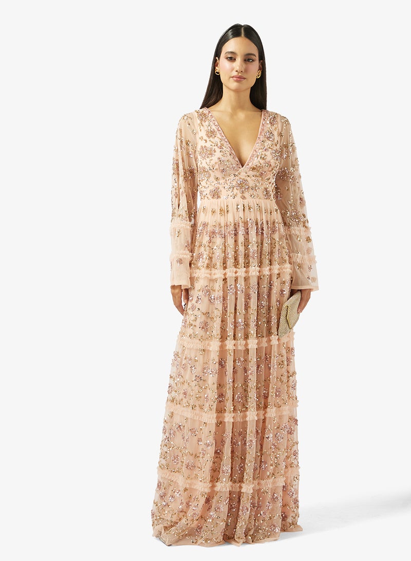 مايا فستان ماكسي طويل الأكمام مزين بكشكشة فاخرة - Image 4